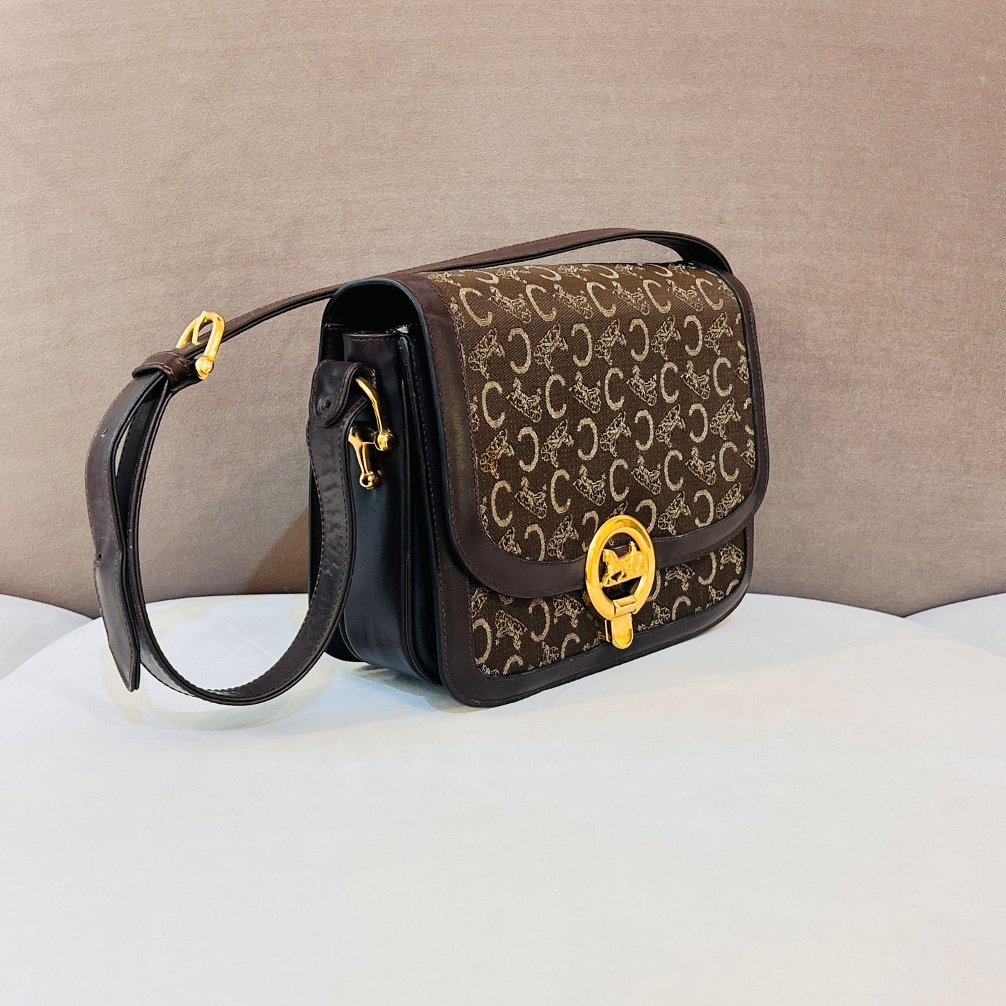 Celine Vintage Triomphe Canvas Khaki Leather Gold Clasp Shoulder Bag