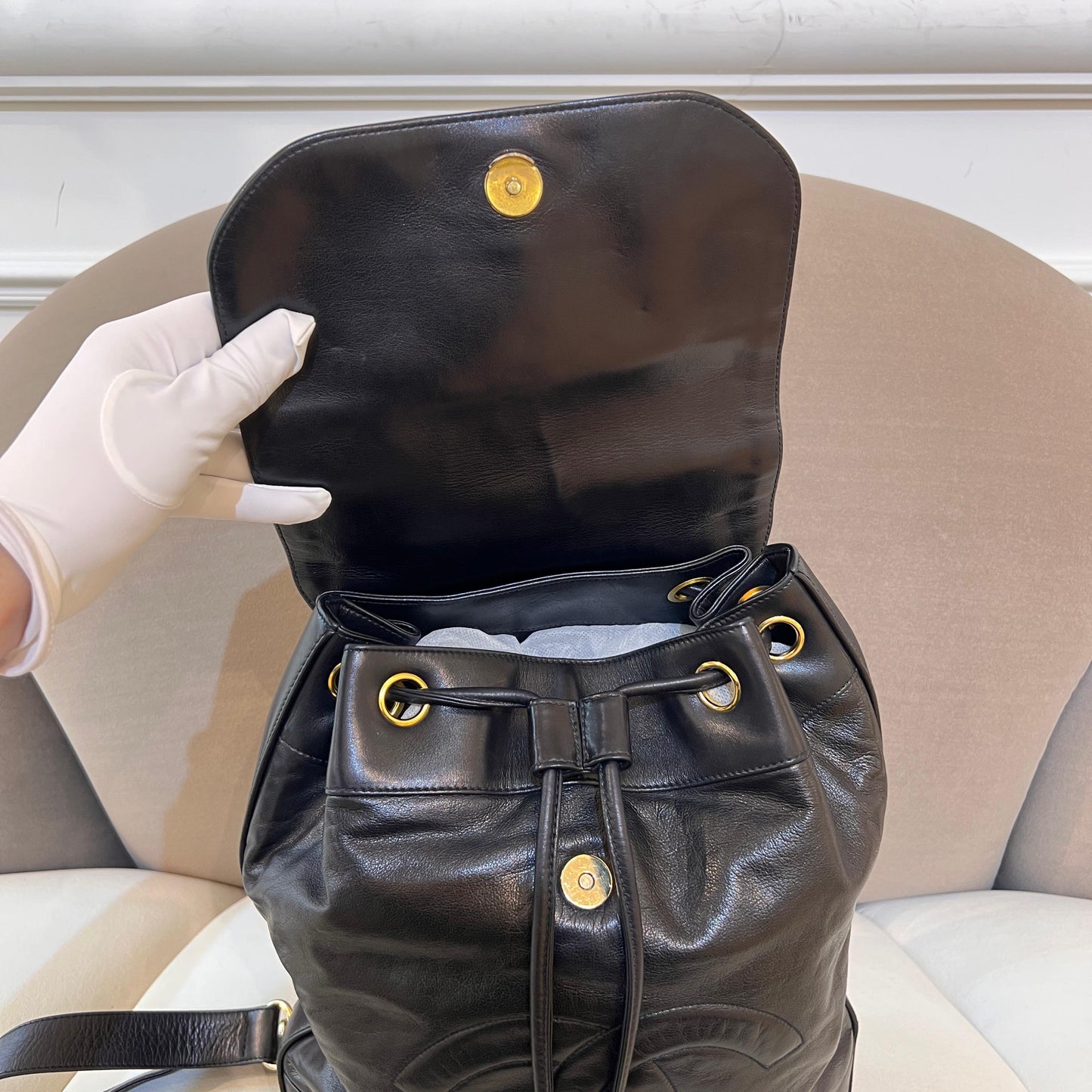 Chanel Vintage Coco Mark Black Lambskin Leather Backpack