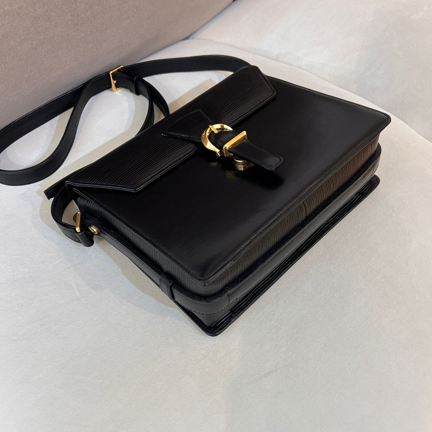 Valentino Garavani Vintage Black Epi Leather Gold Buckle Shoulder Bag