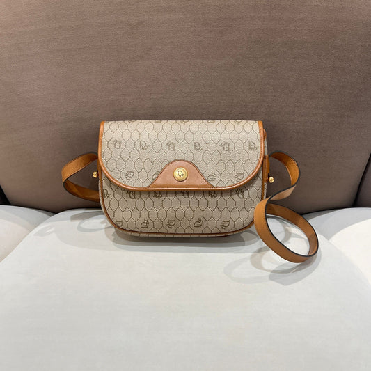Christian Dior Vintage Honeycomb Monogram Canvas Beige Crossbody Shoulder Bag