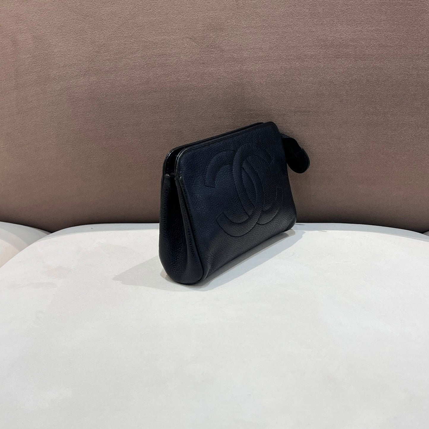 Chanel Vintage Black Caviar Leather Cc Zip Pouch