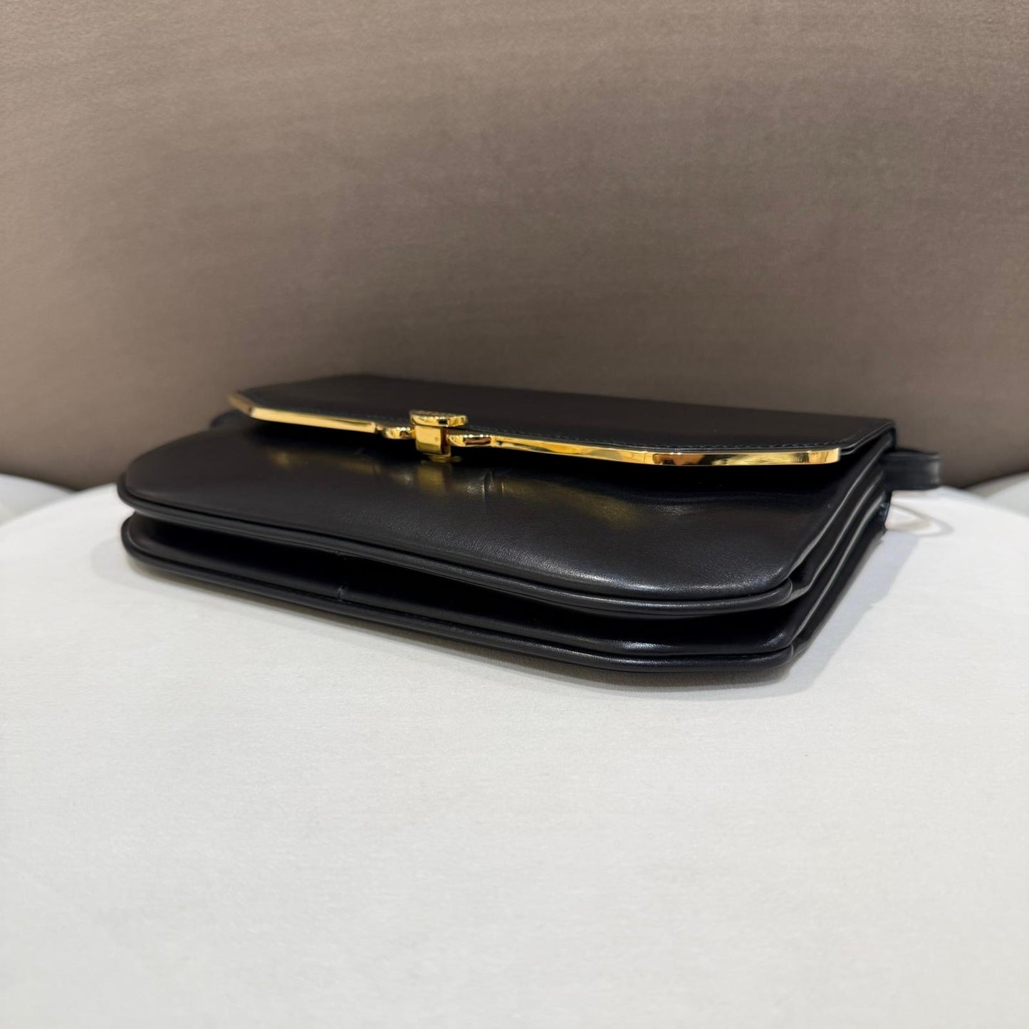 Bally Vintage Black Leather Curved Gold Trim Crossbody Shoulder Bag