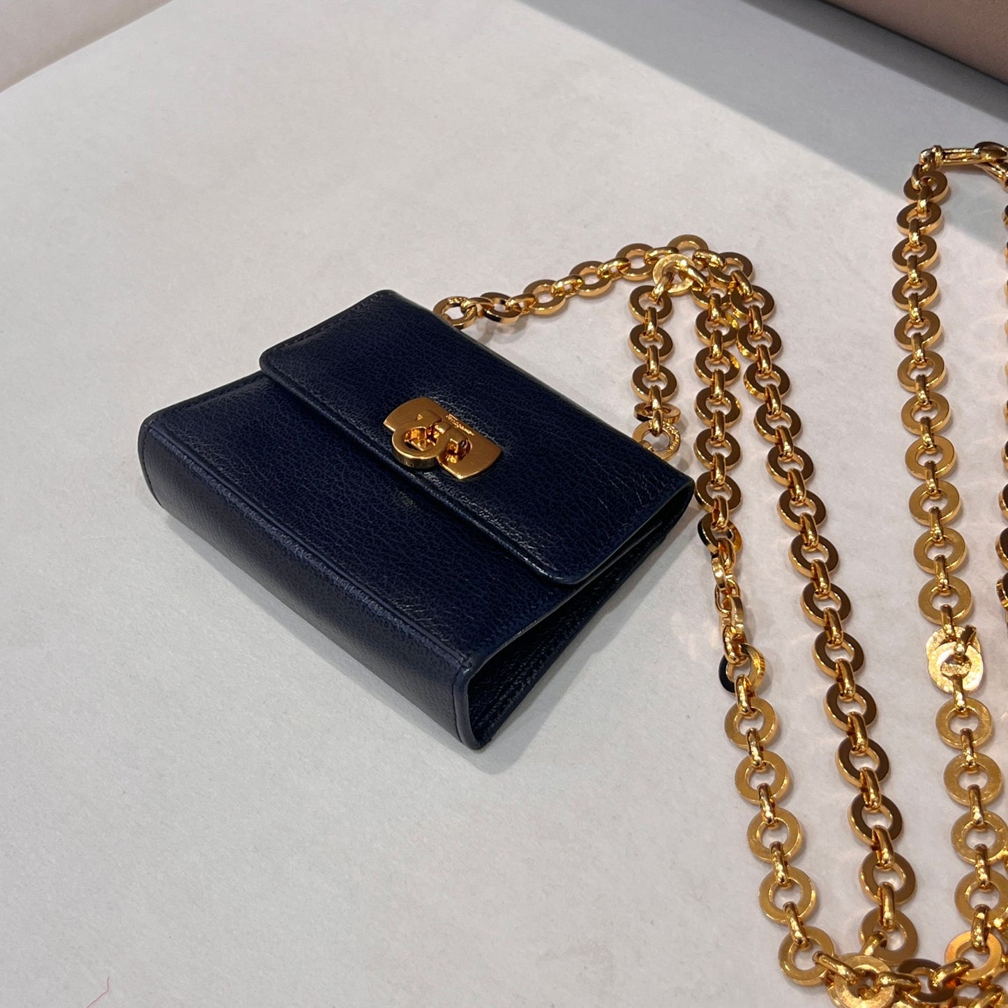 Ferragamo Vintage Gancini Navy Leather Mini Chain Shoulder Bag