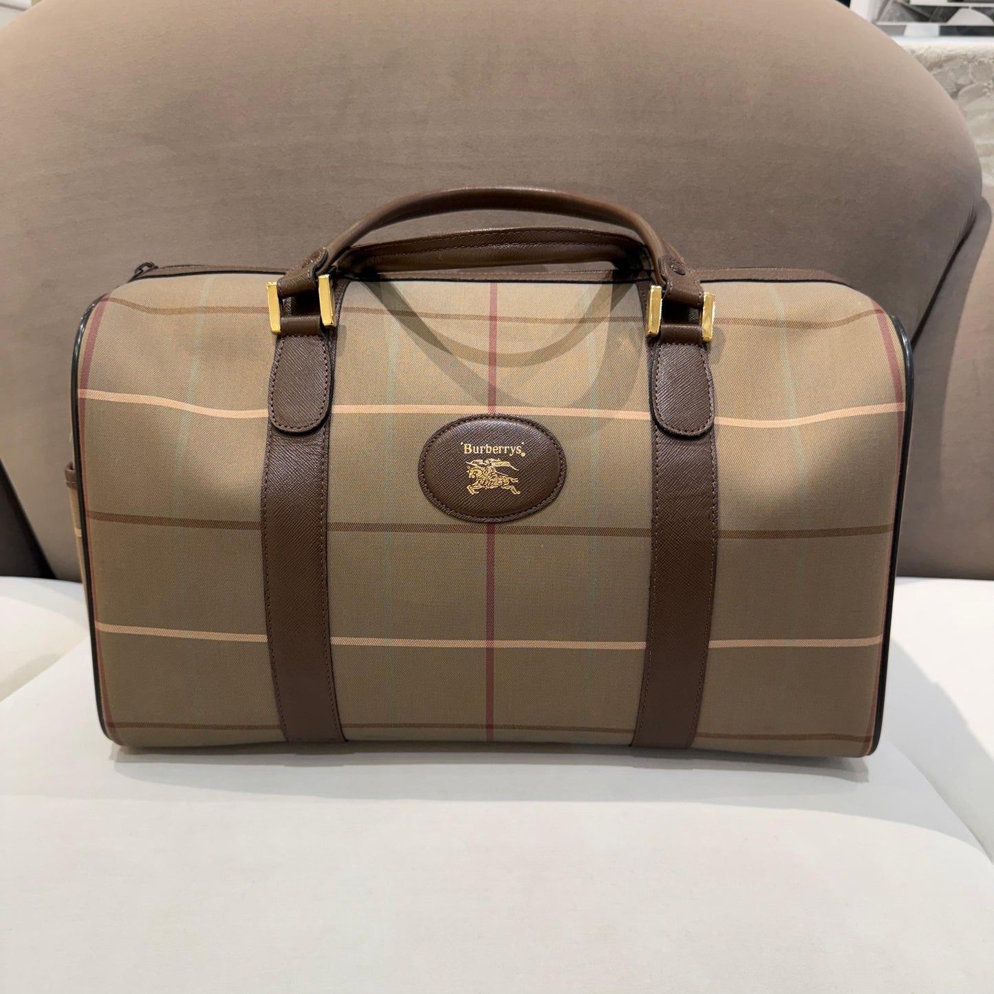 Burberry Vintage Haymarket Check Canvas Leather Boston Bag