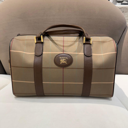 Burberry Vintage Haymarket Check Canvas Leather Boston Bag