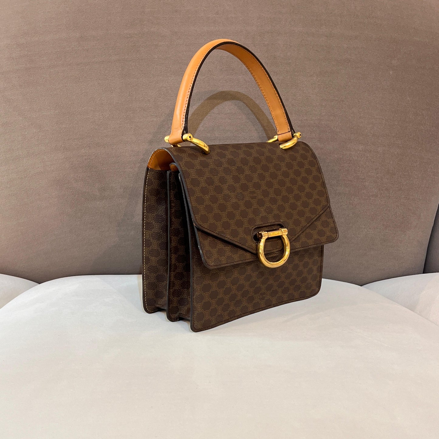 Celine Vintage Macadam Canvas Brown Leather Top Handle Bag