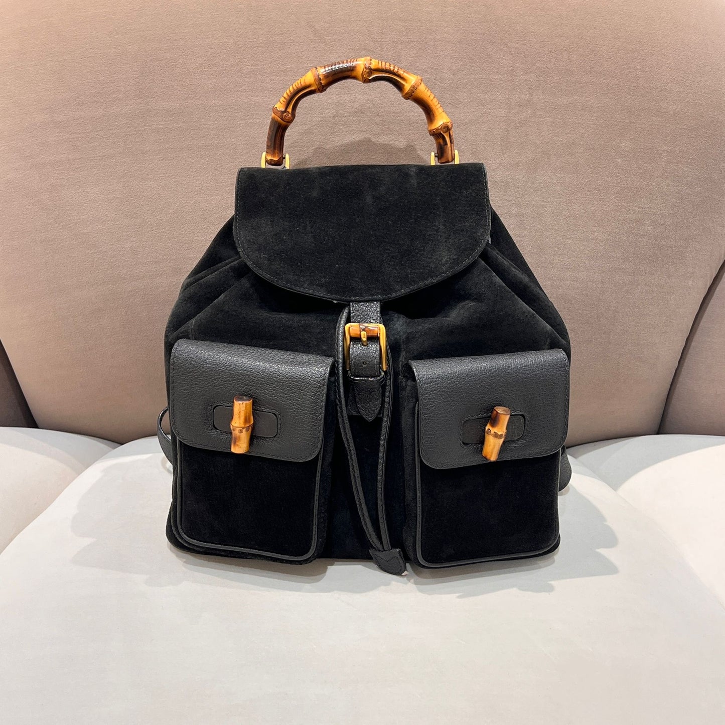 Gucci Vintage Black Suede Bamboo Backpack