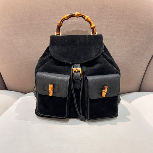 Gucci 復古黑色麂皮竹編雙肩包
