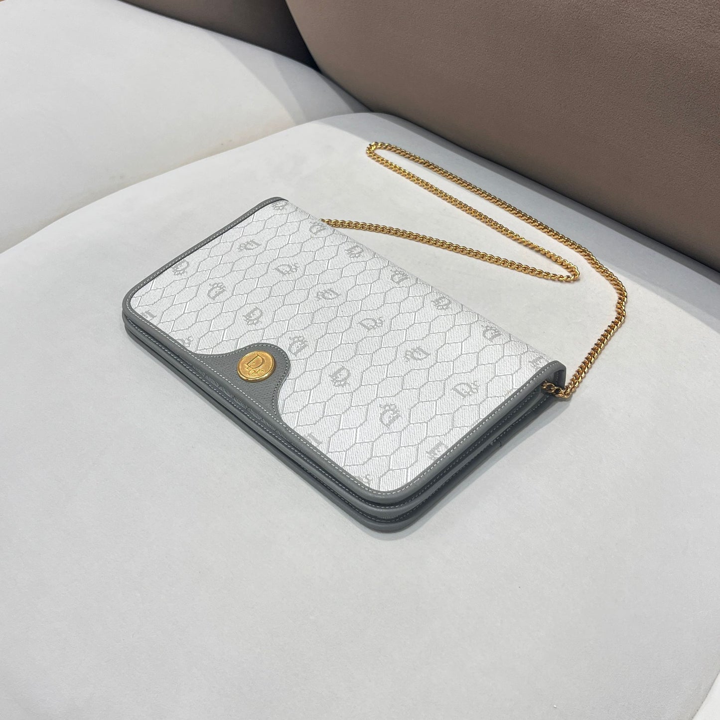 Christian Dior Vintage Grey Honeycomb Monogram Chain Shoulder Bag