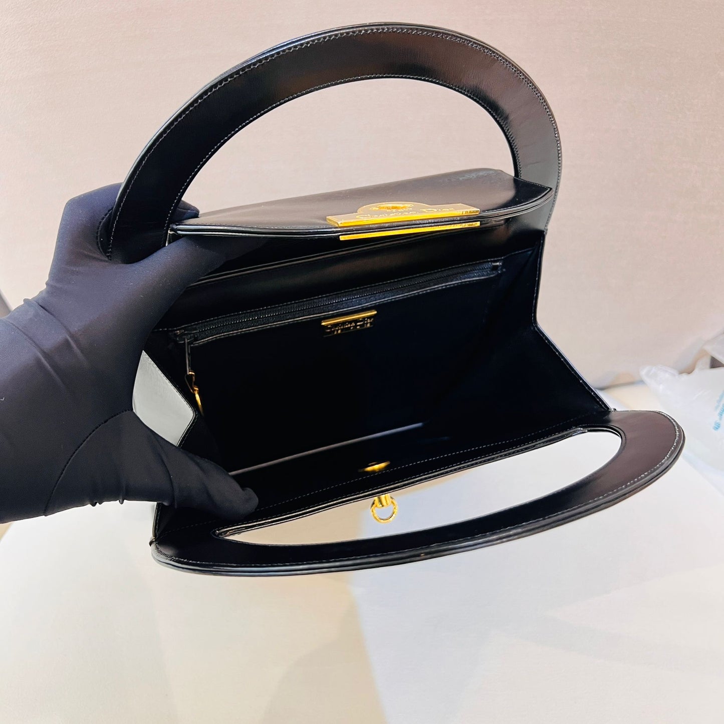 Christian Dior Vintage Black Smooth Leather Gold Logo Top Handle Bag