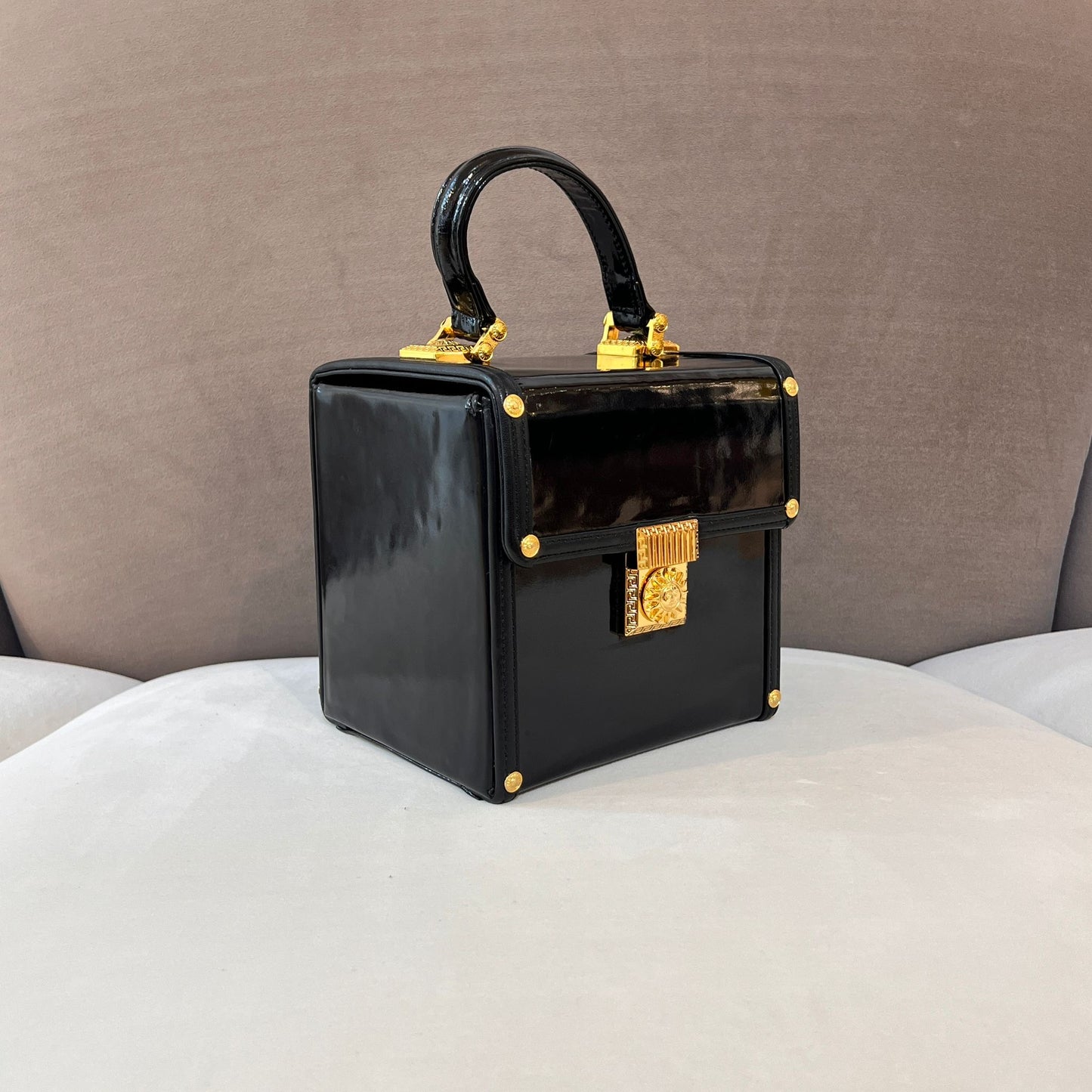 Versace Vintage Medusa Black Patent Vanity Box Bag