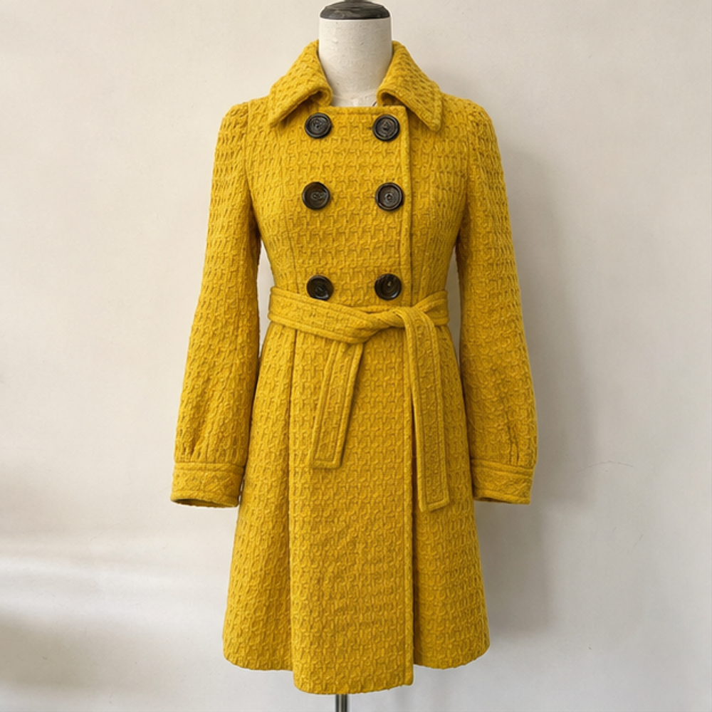 Burberry vintage yellow wool long coat with belt front view