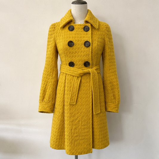Burberry vintage yellow wool long coat with belt front view
