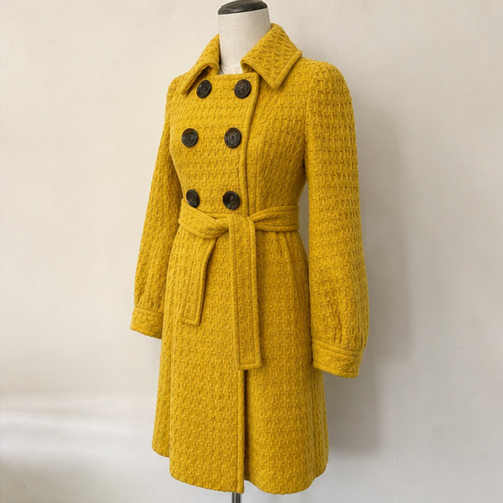 Burberry vintage yellow wool long coat with belt left front view