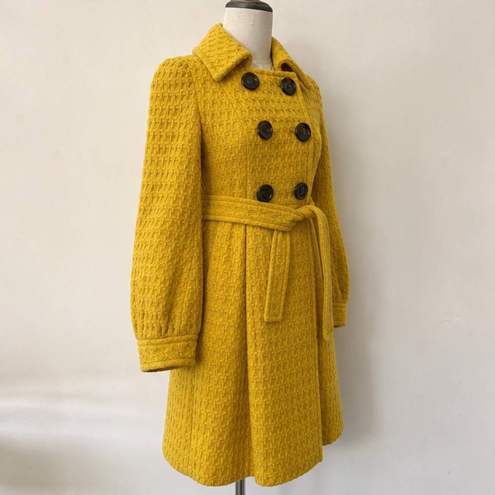 Burberry vintage yellow wool long coat with belt right front view