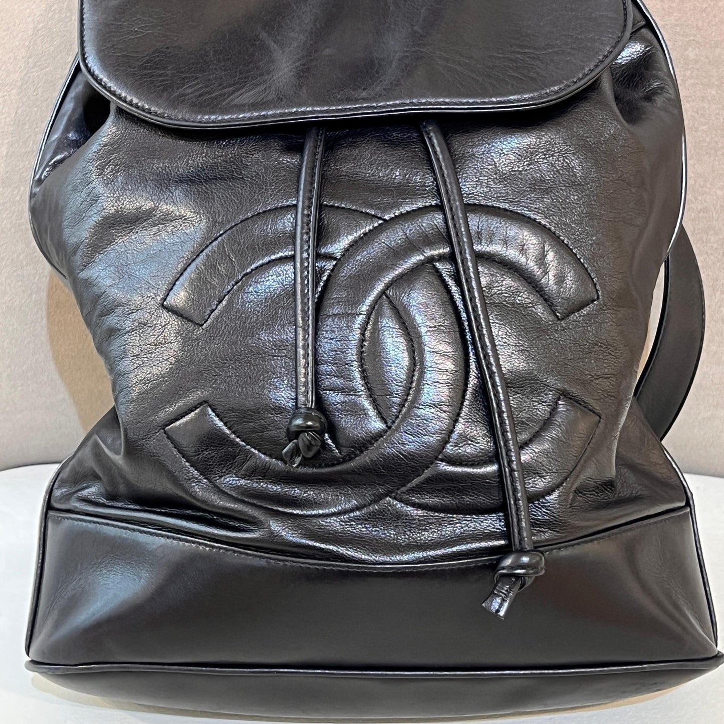 Chanel Vintage Coco Mark Black Lambskin Leather Backpack