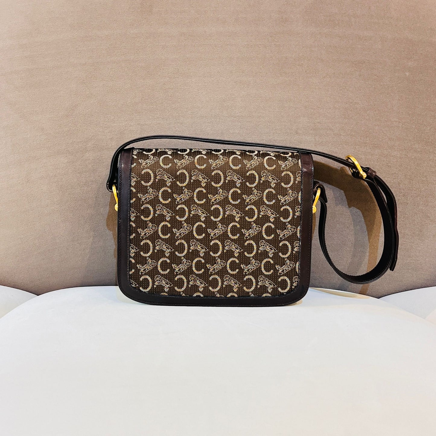 Celine Vintage Triomphe Canvas Khaki Leather Gold Clasp Shoulder Bag