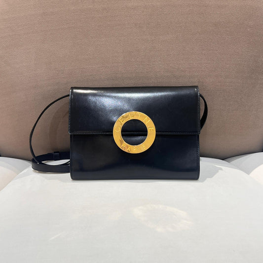 Celine Vintage Black Leather Large Ring Logo Shoulder Bag