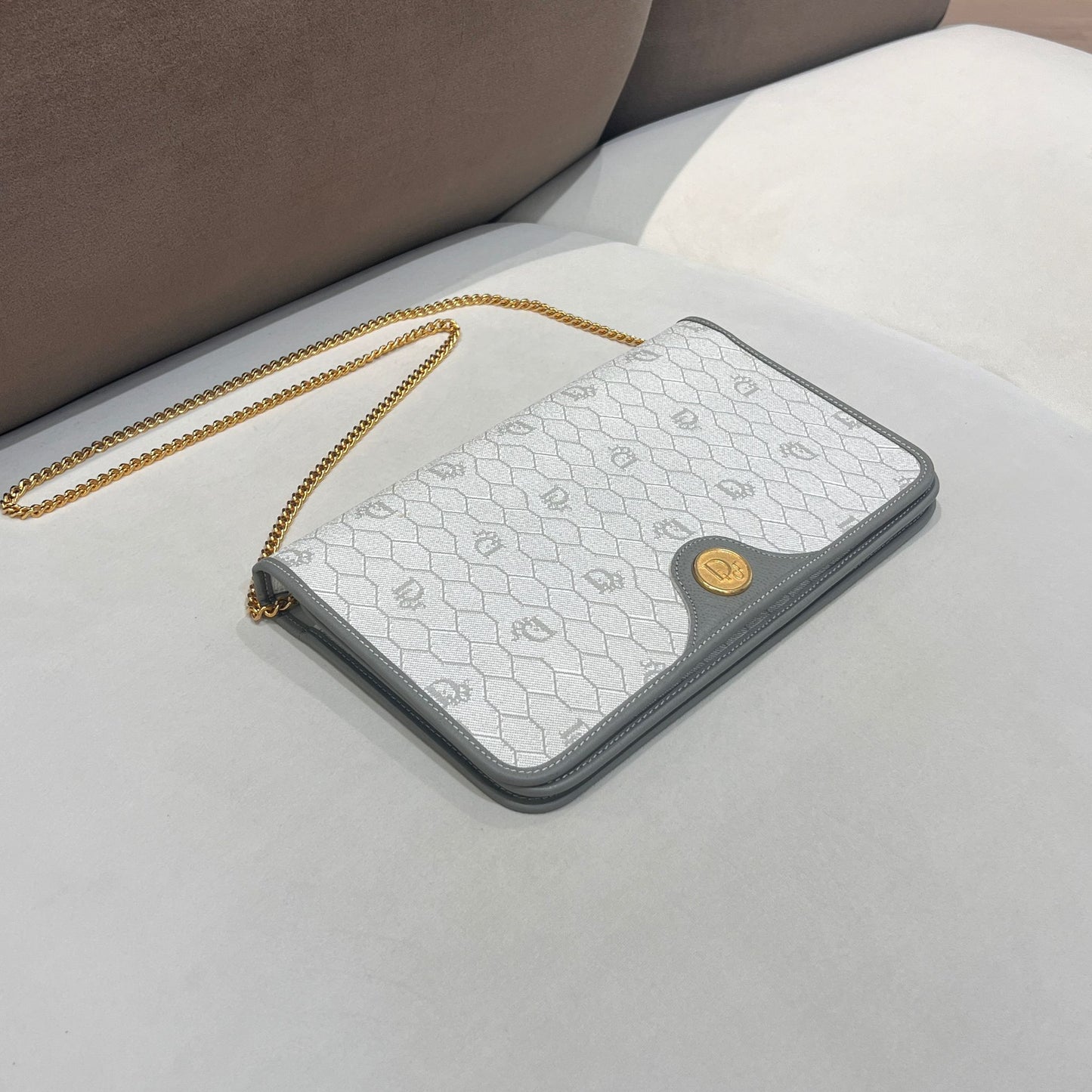 Christian Dior Vintage Grey Honeycomb Monogram Chain Shoulder Bag