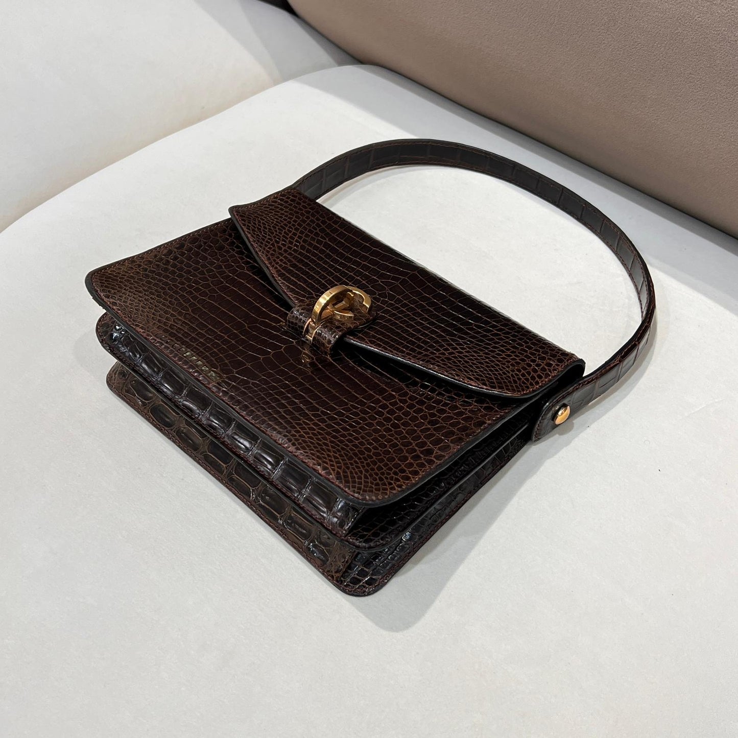 Christian Dior Vintage Crocodile-Embossed Brown G-Clasp Handbag