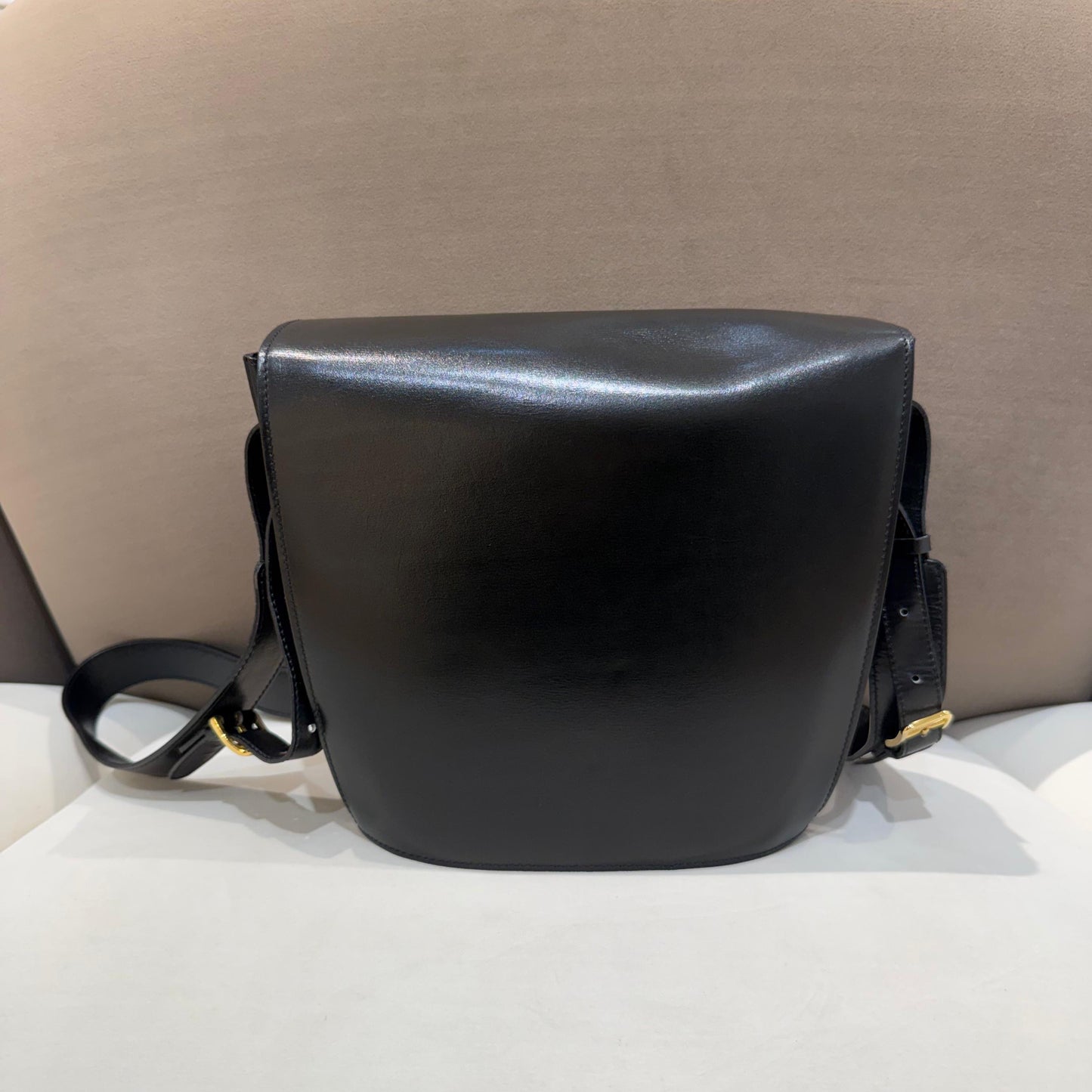 Celine Vintage Black Leather Circle Logo Shoulder Bag