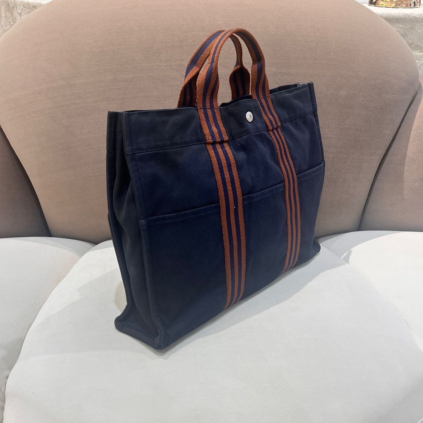 Hermès Vintage Fourre Tout Mm Navy Canvas Stripe Tote Bag