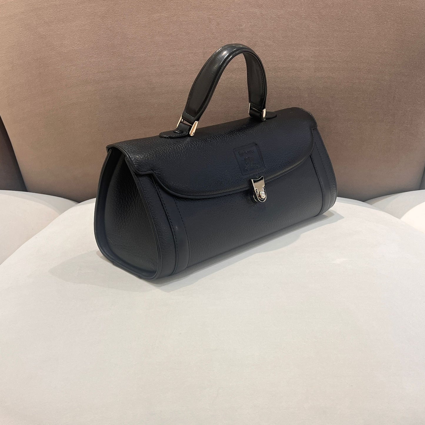 Burberry Vintage Black Grained Leather Cylindrical Top Handle Bag