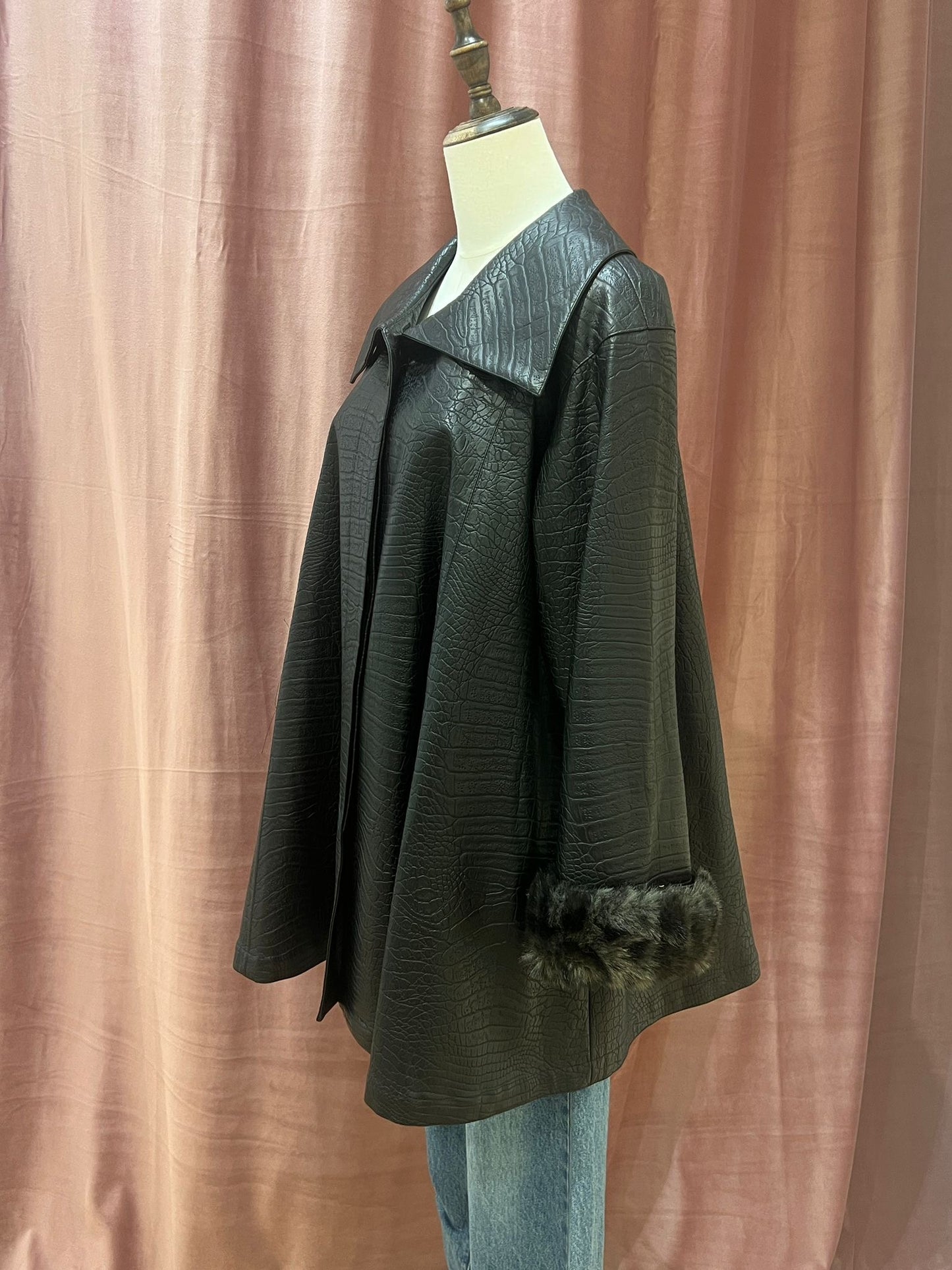 Christian Dior Vintage Miss Dior Black Crocodile-embossed Coat with Fur Trim Cuffs