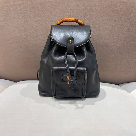 Gucci Vintage 黑色皮革竹編小背包