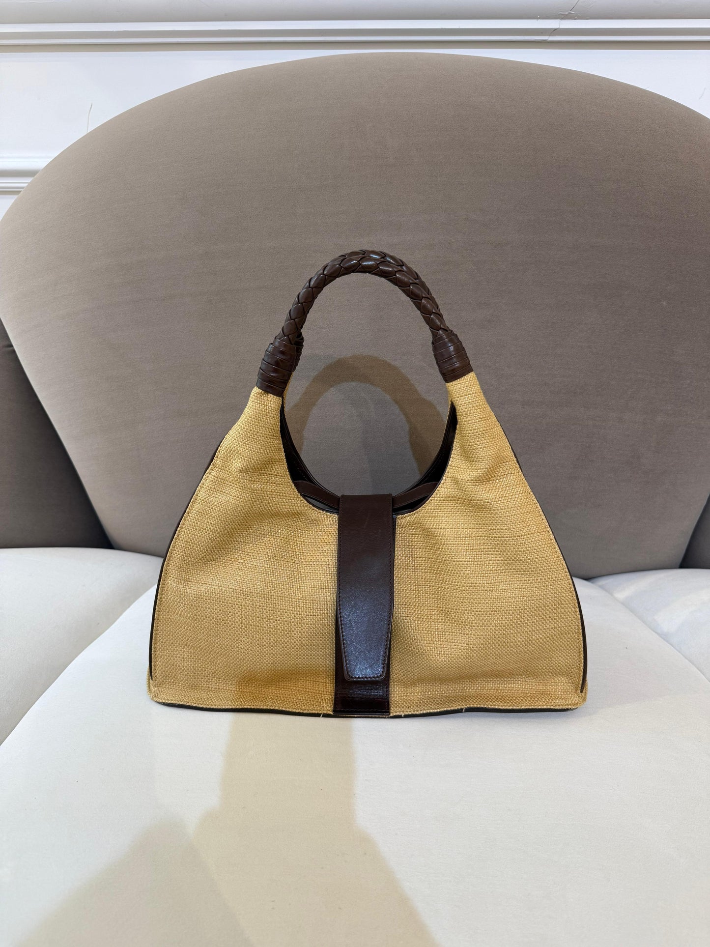 Bottega Veneta Vintage Woven Handle Raffia & Leather Handbag