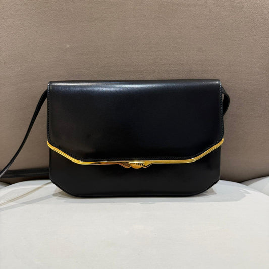 Bally Vintage Black Leather Curved Gold Trim Crossbody Shoulder Bag