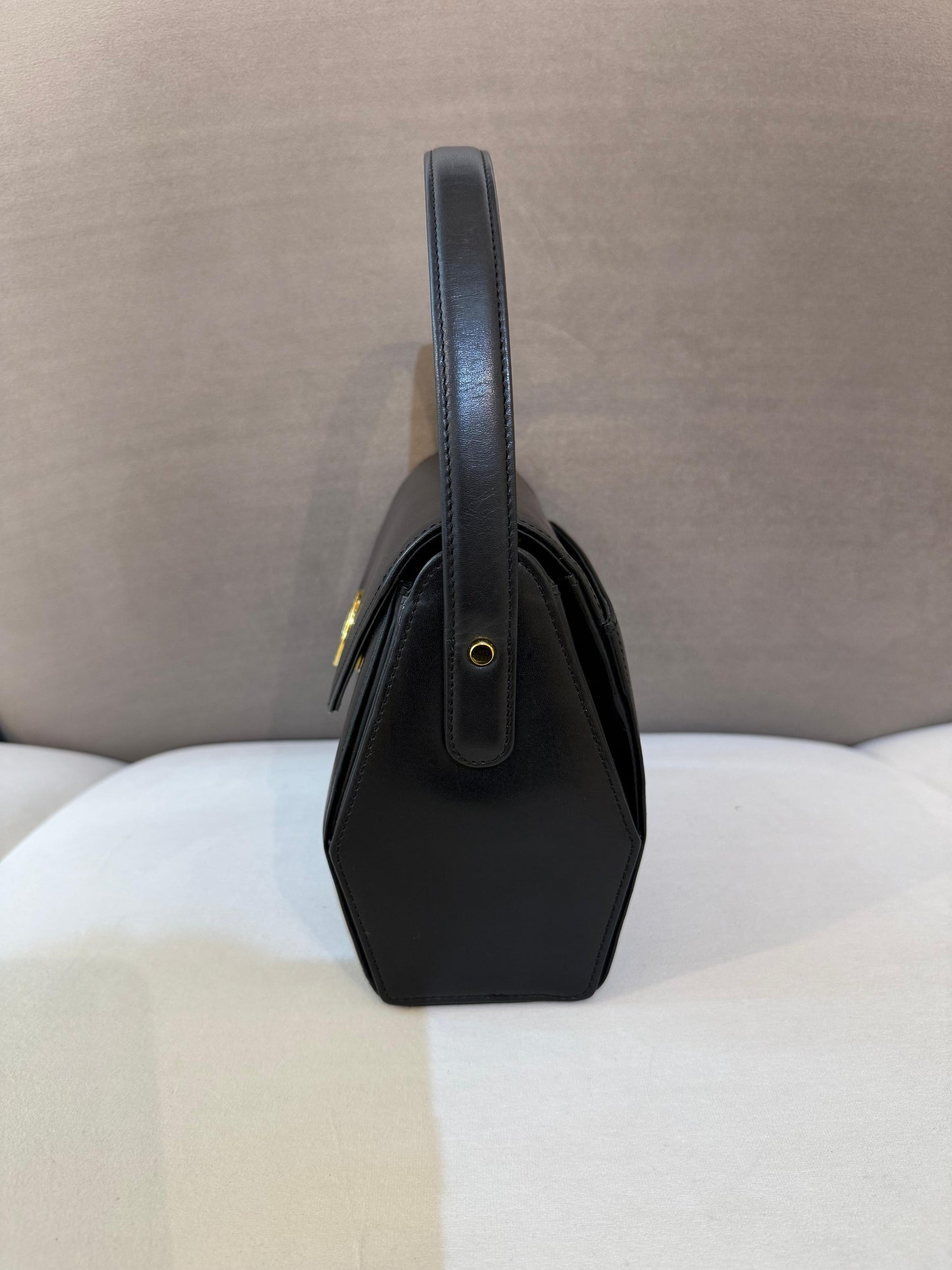 Givenchy Vintage Black Leather Gold Medallion Top Handle Bag