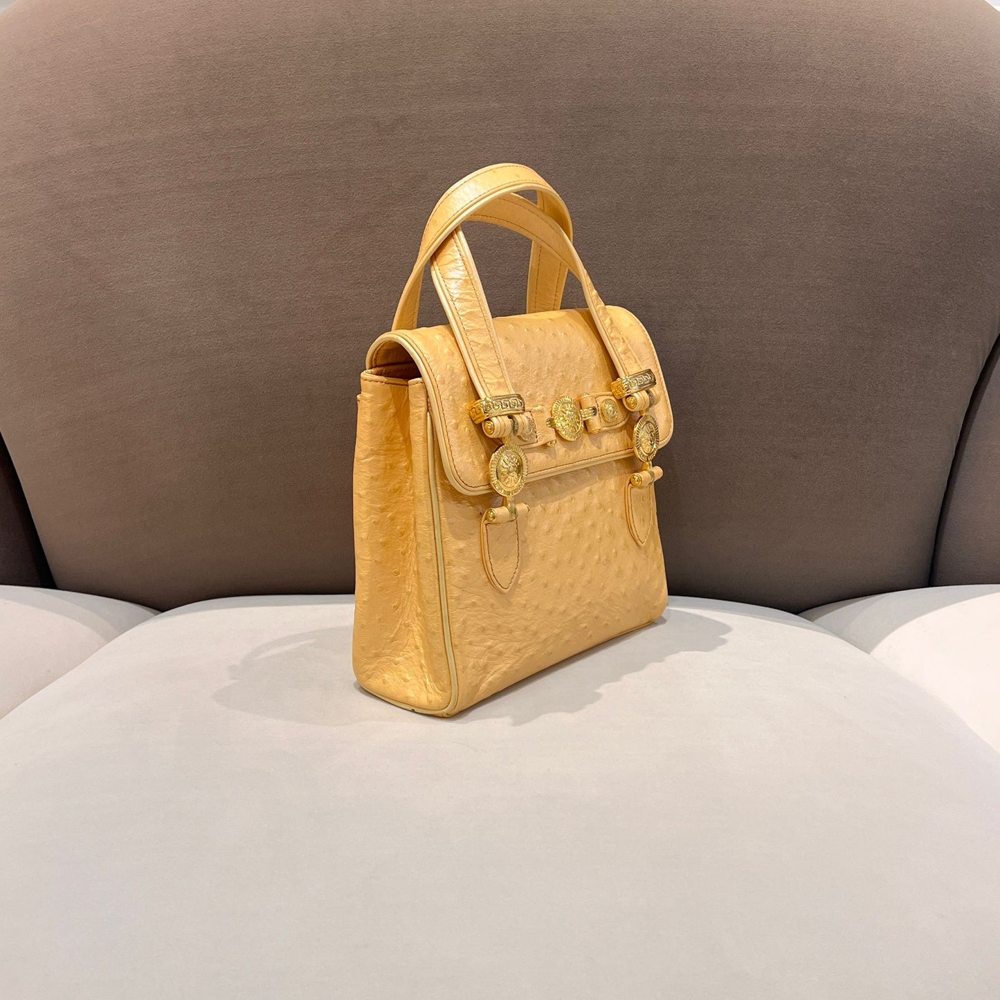 Versace Vintage Ostrich Embossed Cream Leather Mini Handbag
