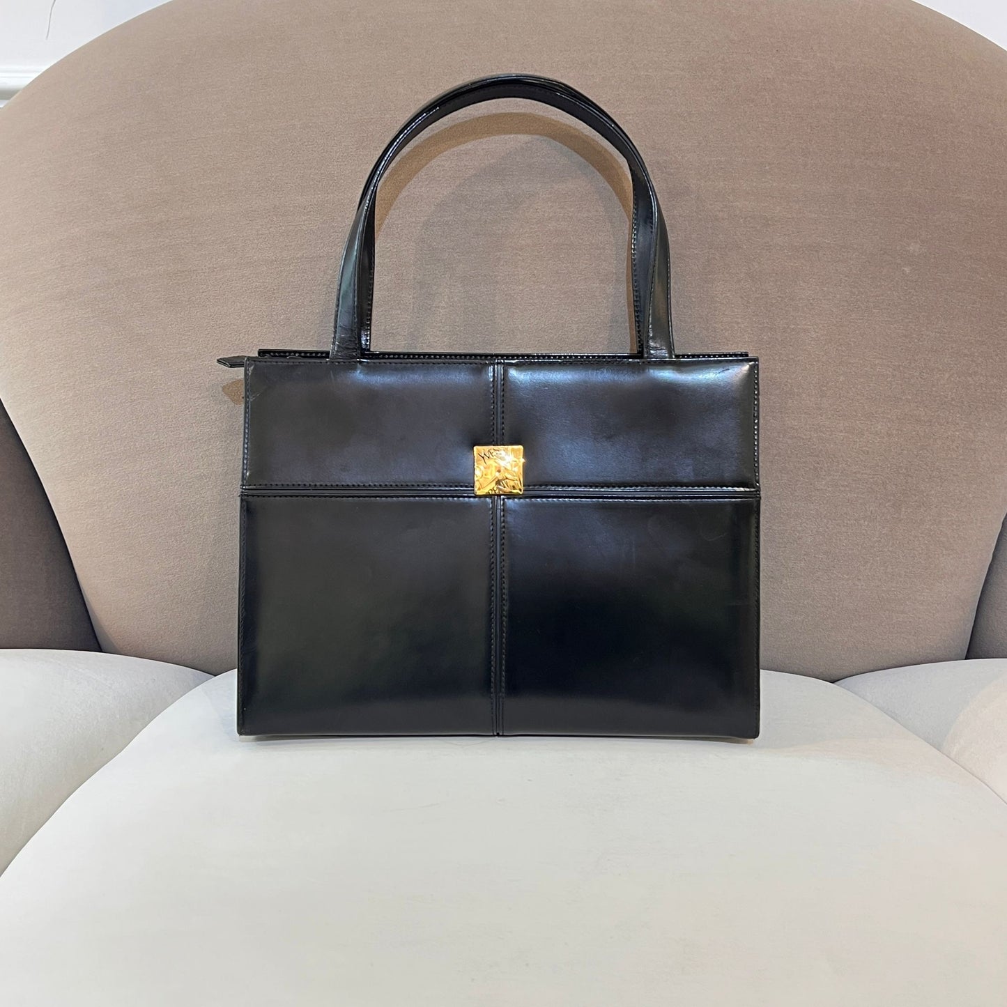 Yves Saint Laurent Vintage Black Leather Handbag With Ysl Logo Hardware