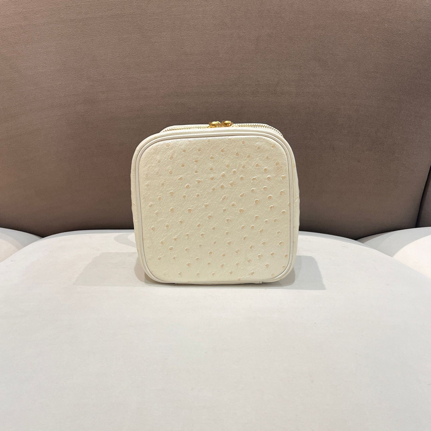 Versace Vintage Ivory Ostrich Leather Medusa Vanity Top Handle Bag