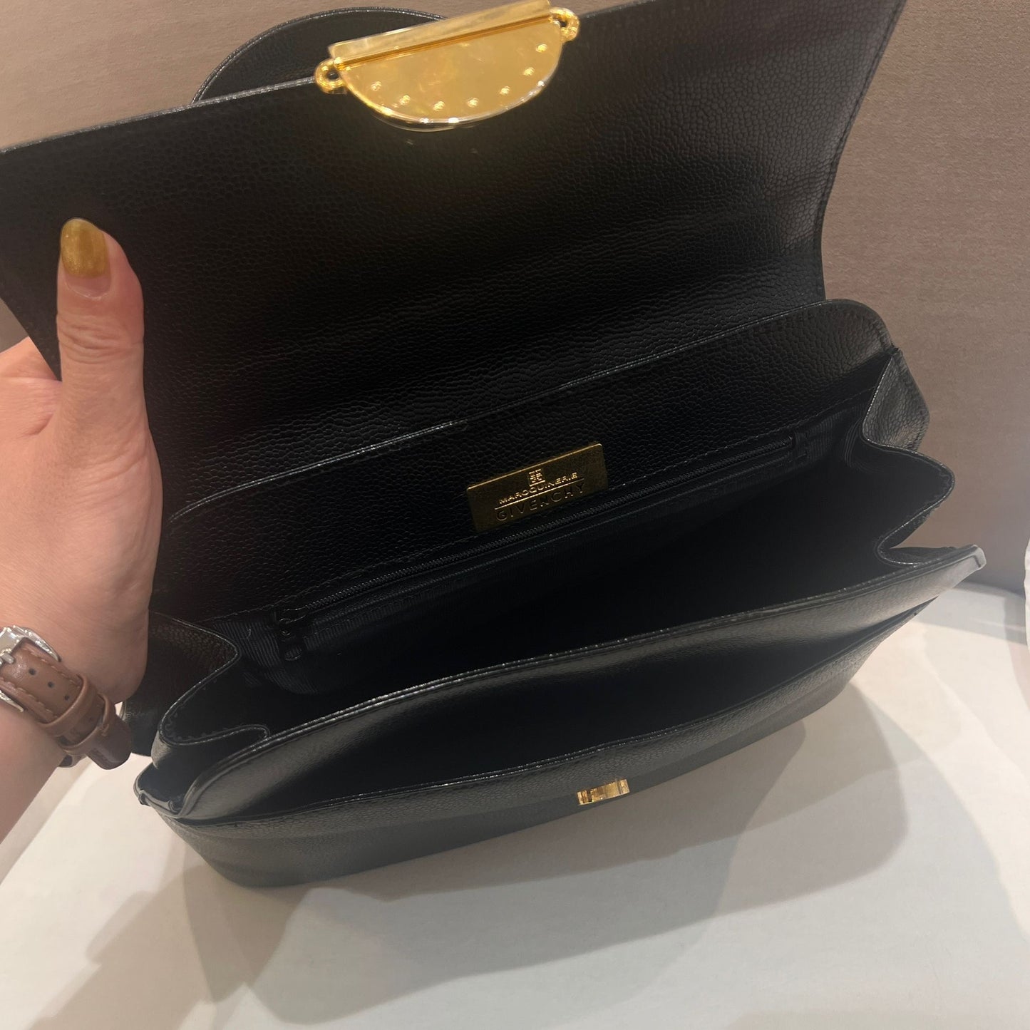 Givenchy Vintage Black Leather Gold Round Clasp Top Handle Handbag