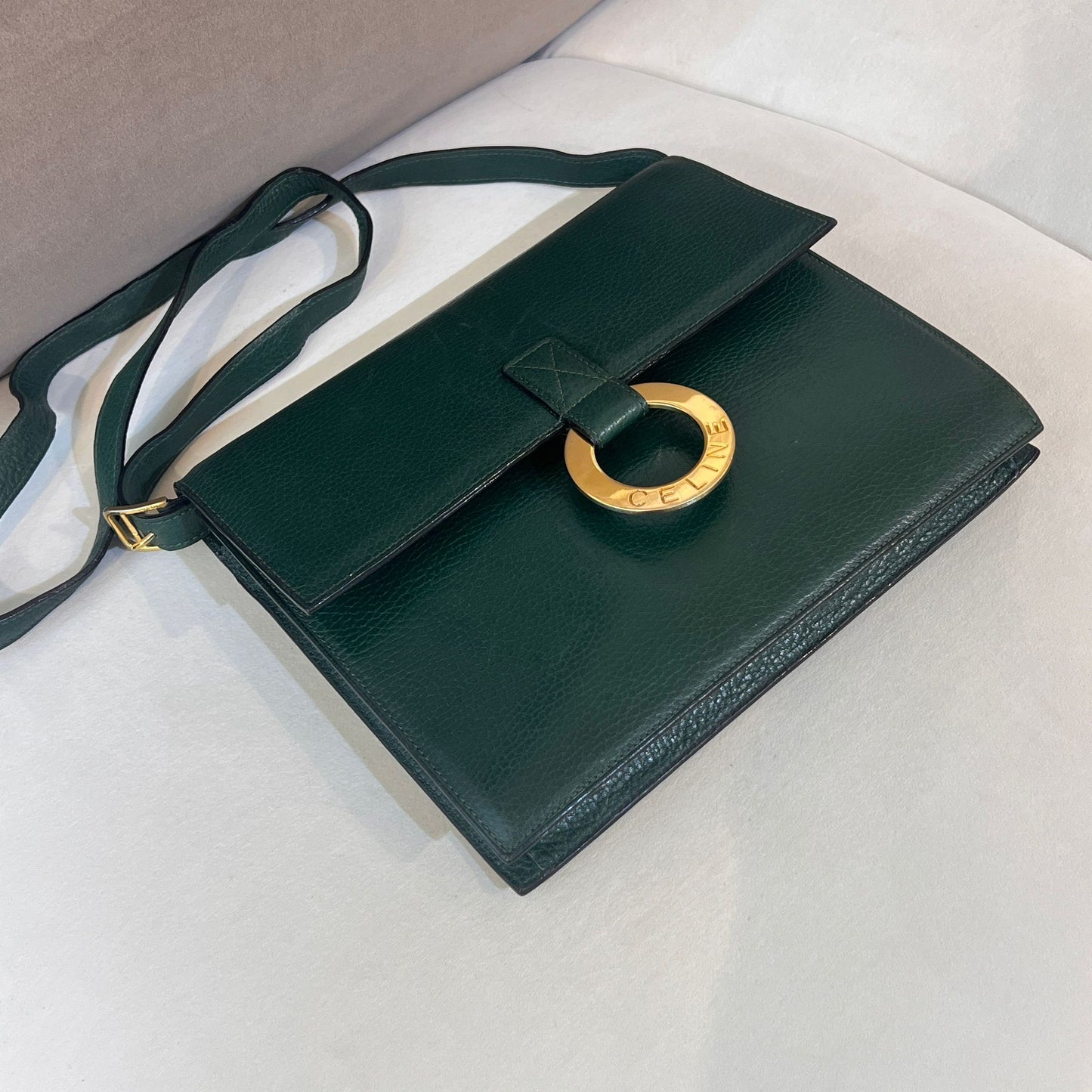 Celine Vintage Circle Logo Forest Green Leather Shoulder Bag