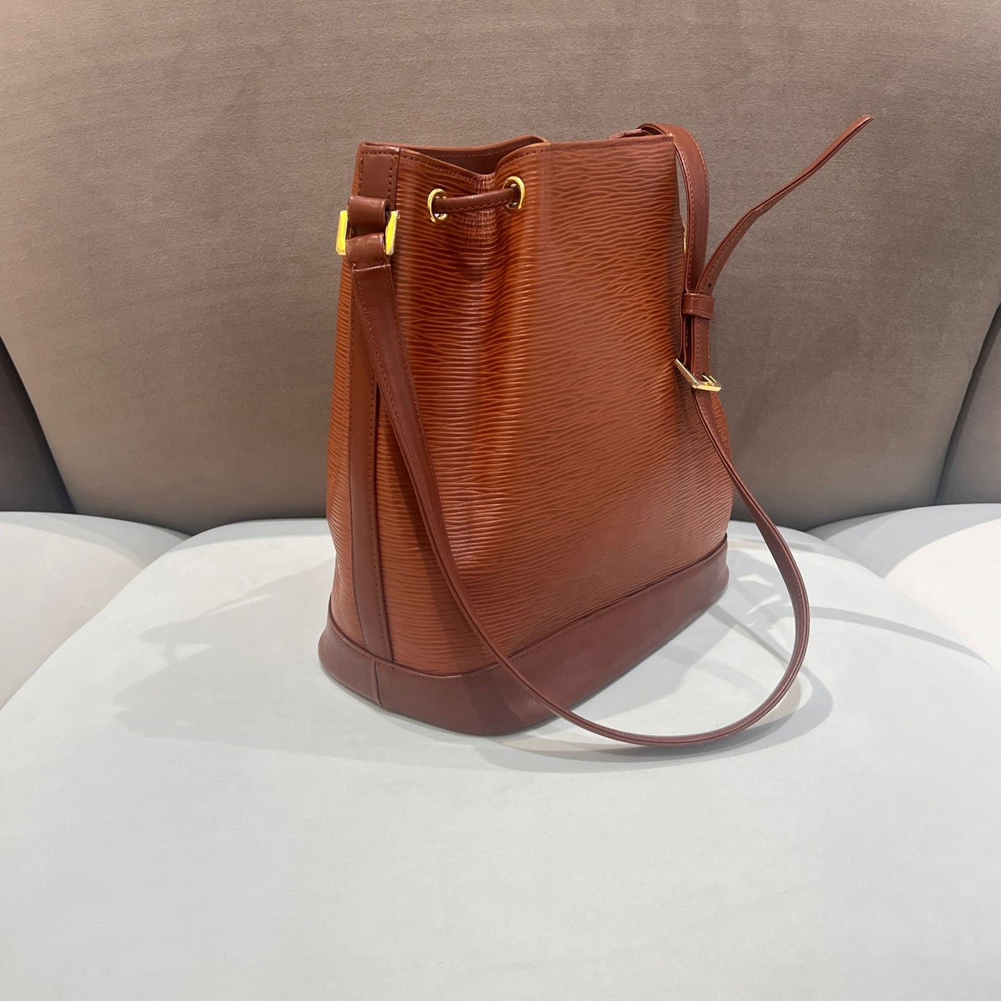 Valentino Garavani Vintage Textured Leather Brown Drawstring Bucket Shoulder Bag
