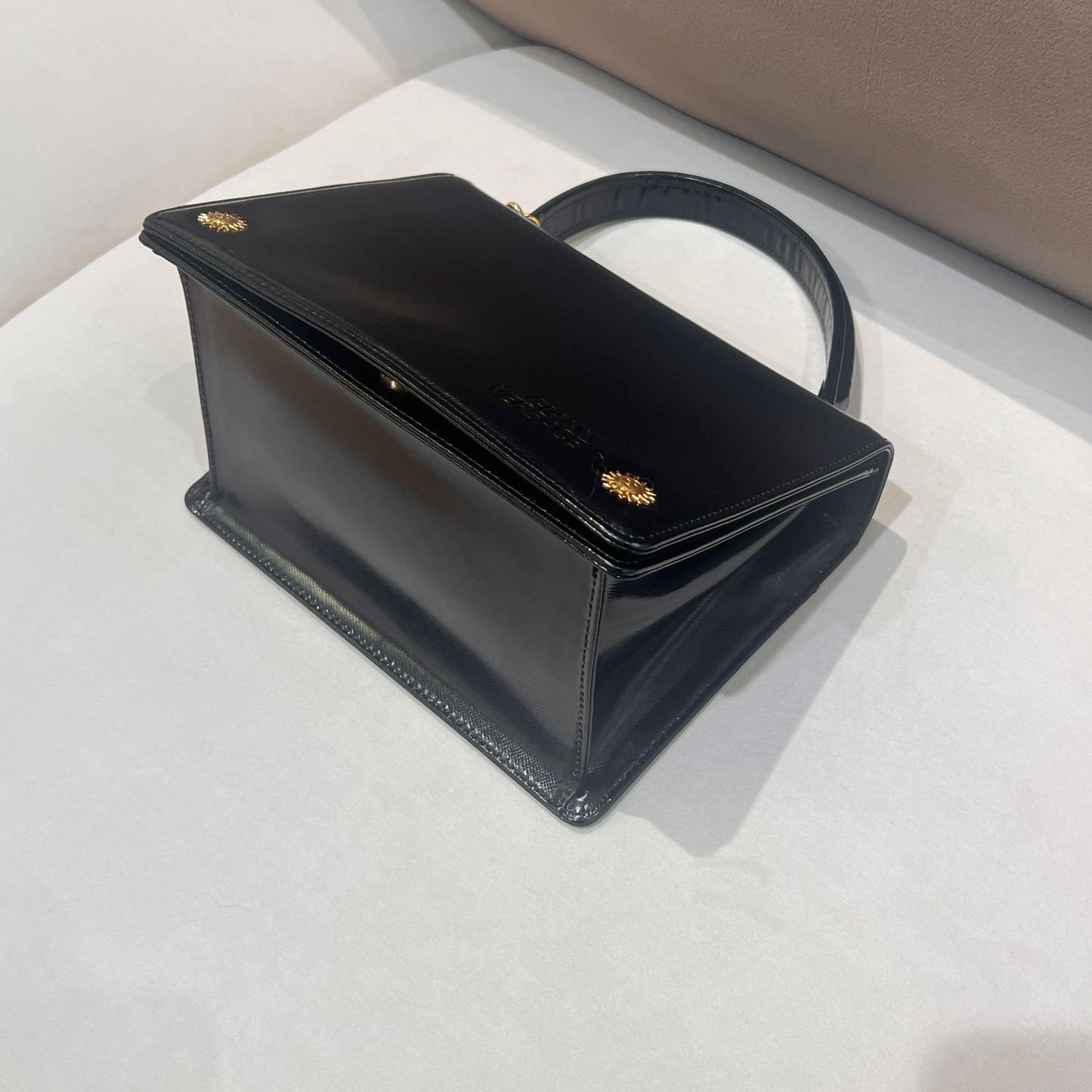 Versace Vintage Medusa Charm Black Leather Top Handle Handbag