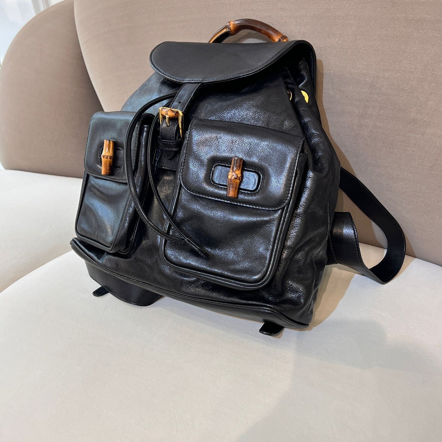 Gucci Vintage Bamboo Black Leather Backpack