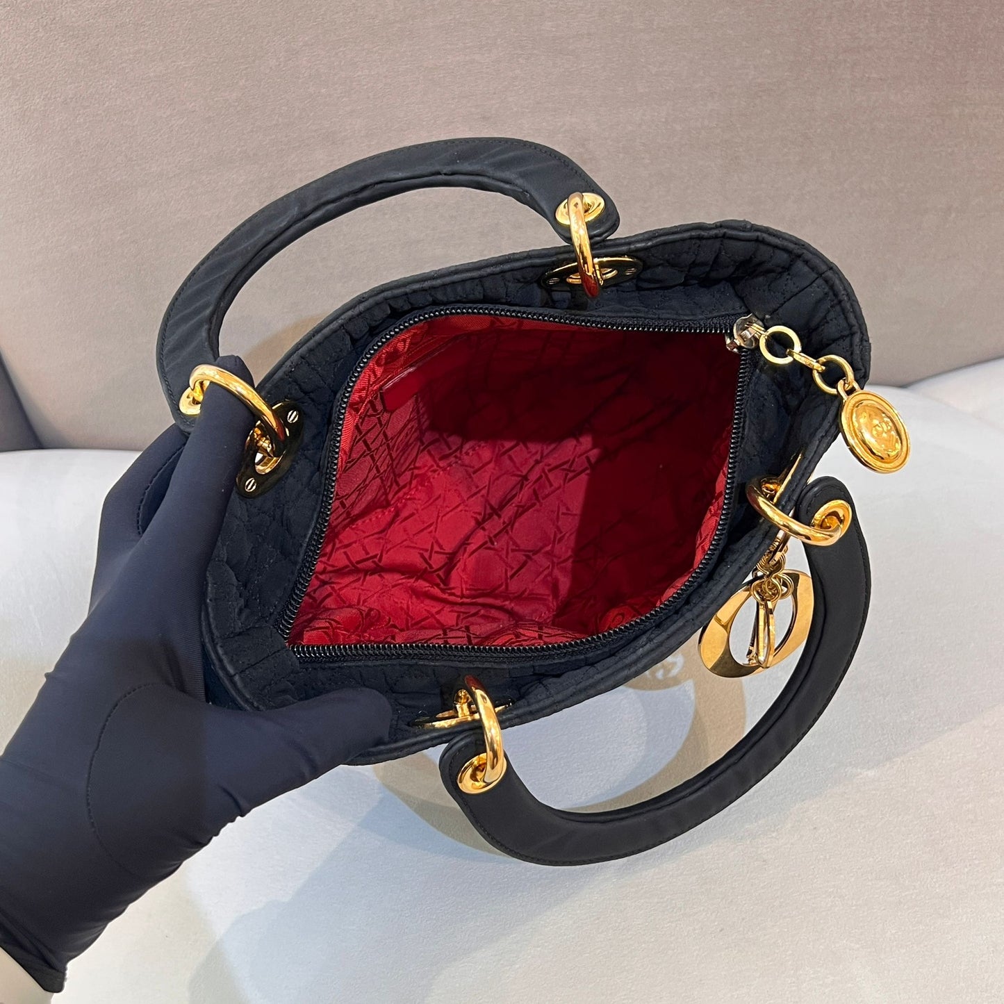 Christian Dior Vintage Lady Dior Cannage Nylon Black Handbag