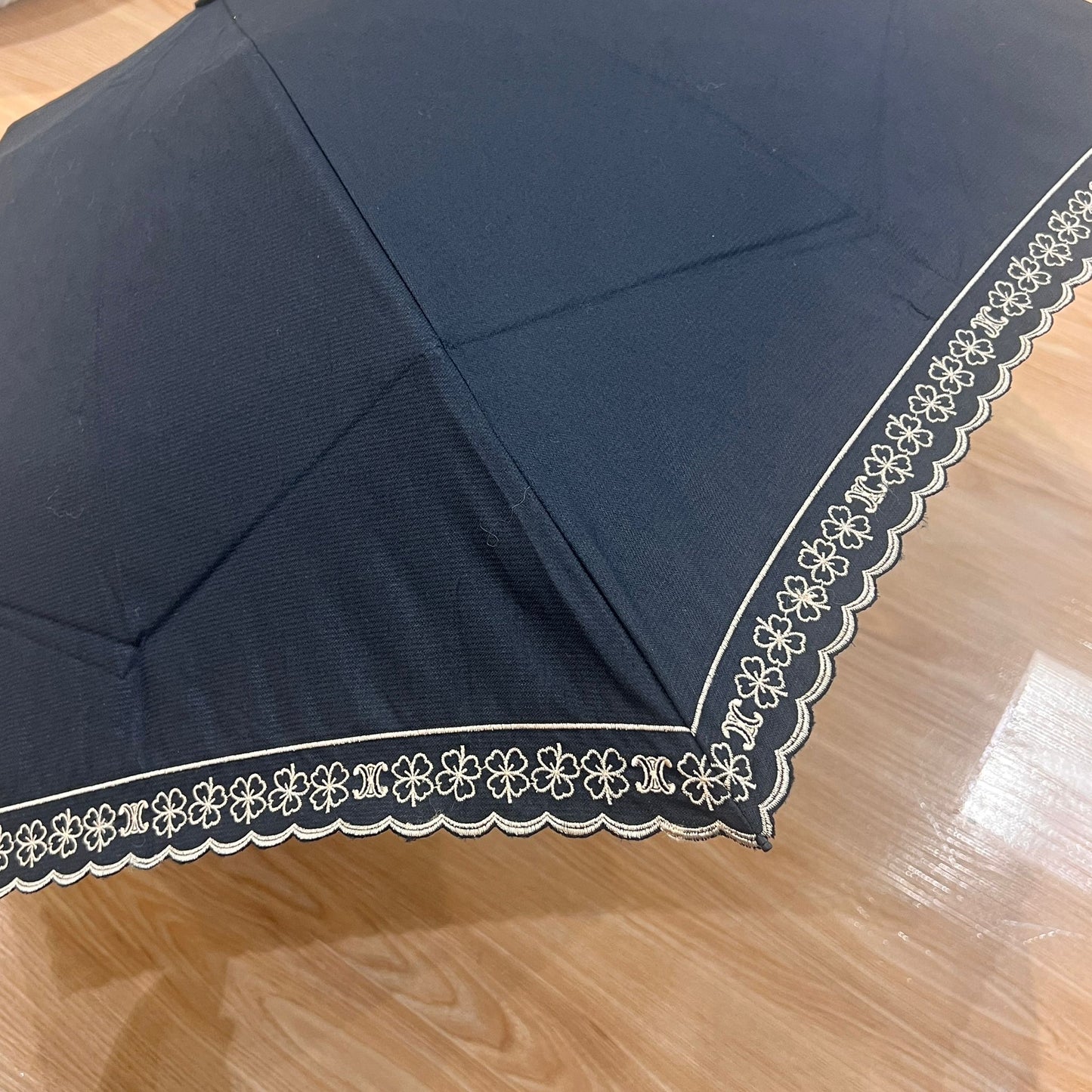 Celine Vintage Triomphe Logo Black Embroidered Umbrella