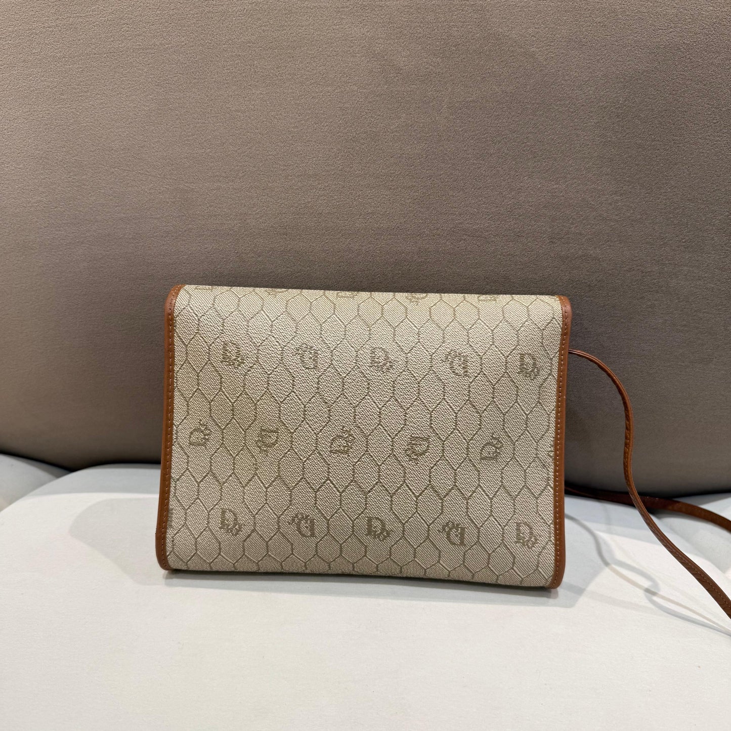 Christian Dior Vintage Beige Honeycomb Monogram Leather Trim Shoulder Bag