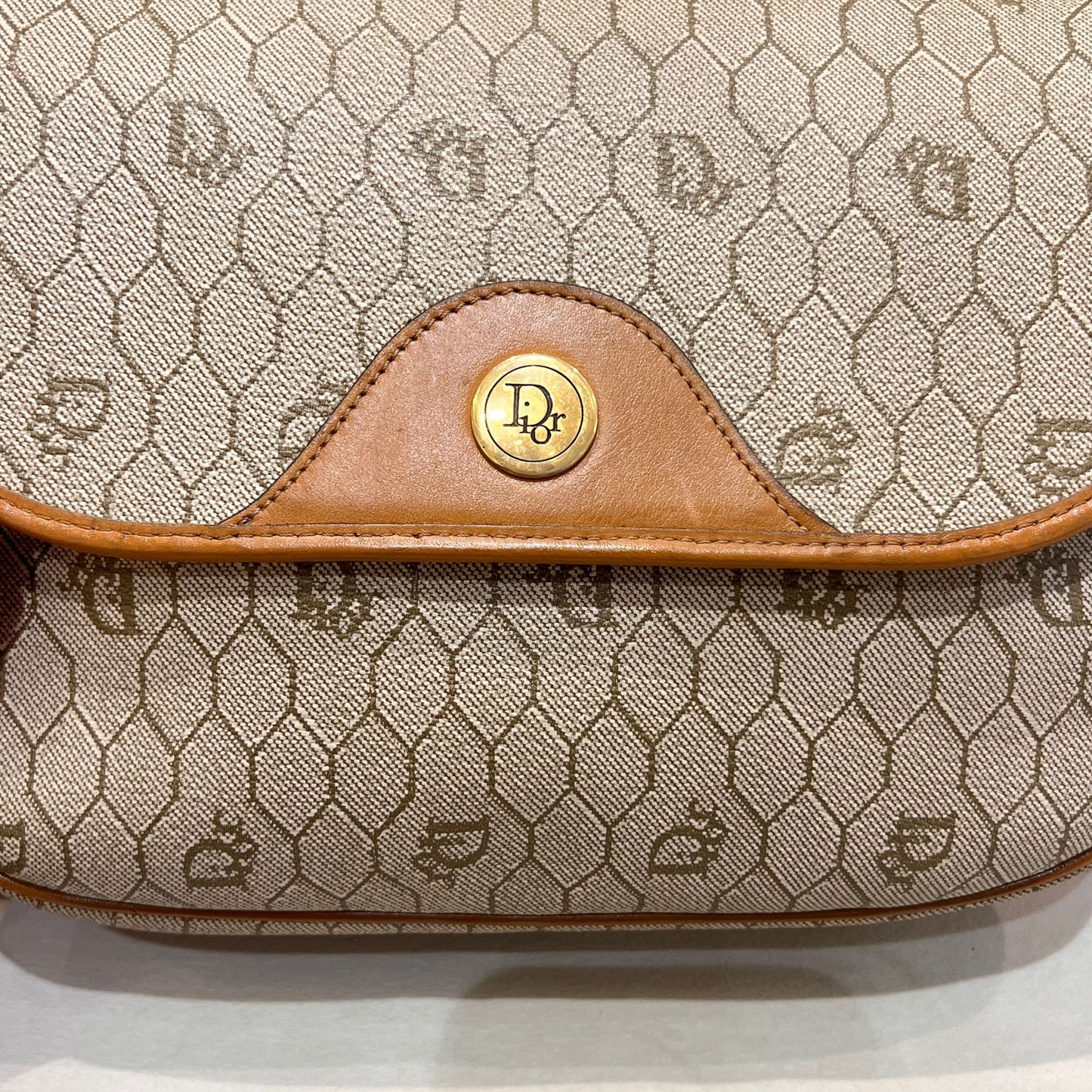 Christian Dior Vintage Honeycomb Monogram Canvas Beige Crossbody Shoulder Bag