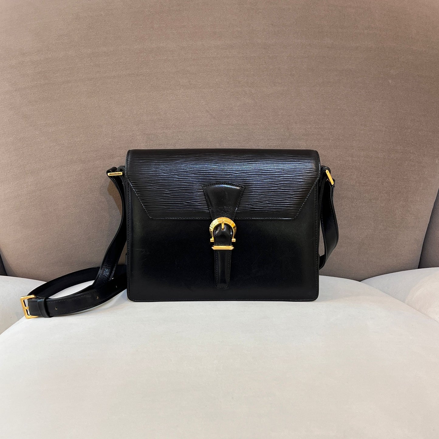 Valentino Garavani Vintage Black Epi Leather Gold Buckle Shoulder Bag