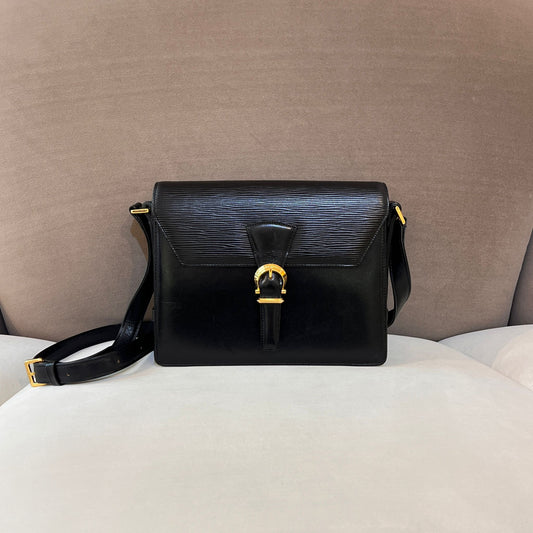 Valentino Garavani Vintage Black Epi Leather Gold Buckle Shoulder Bag