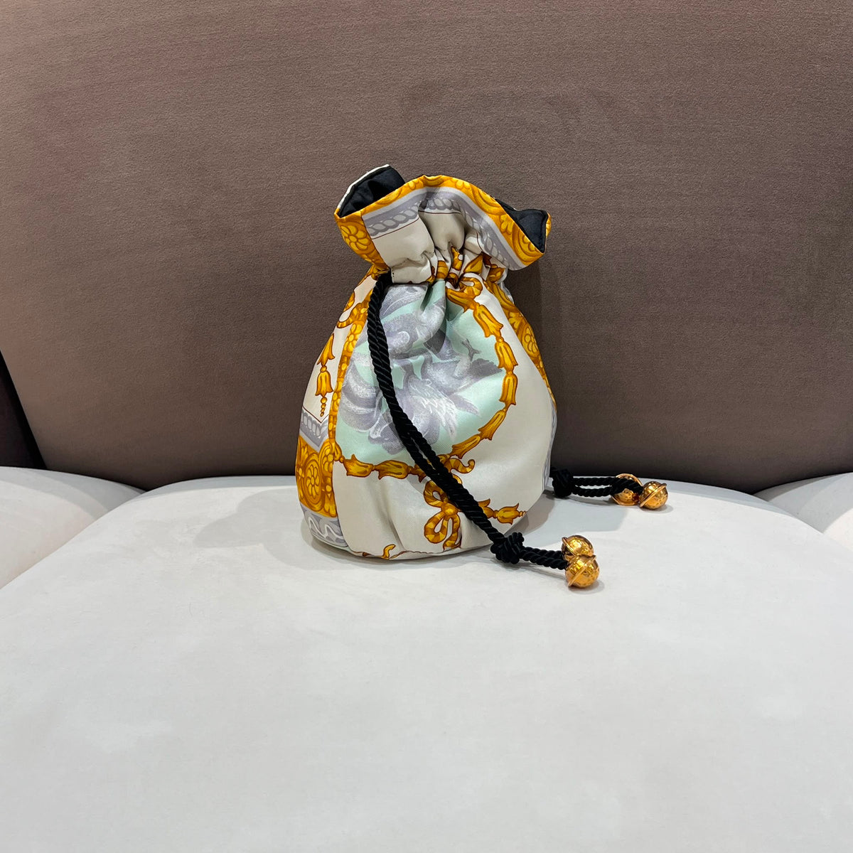 Celine Vintage Ivory Gold Silk Scarf Drawstring Pouch