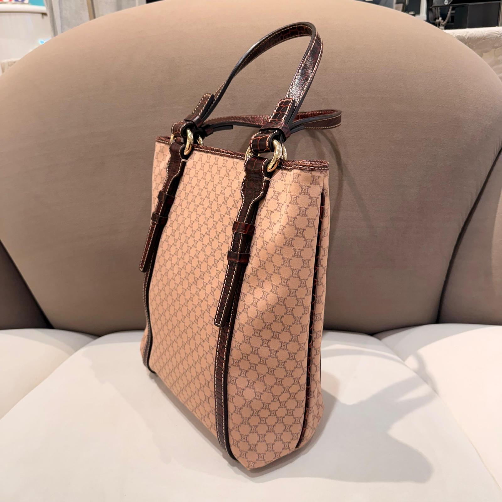 CELINE vintage dusty pink monogram tote bag with croc-embossed leather trim, side angle