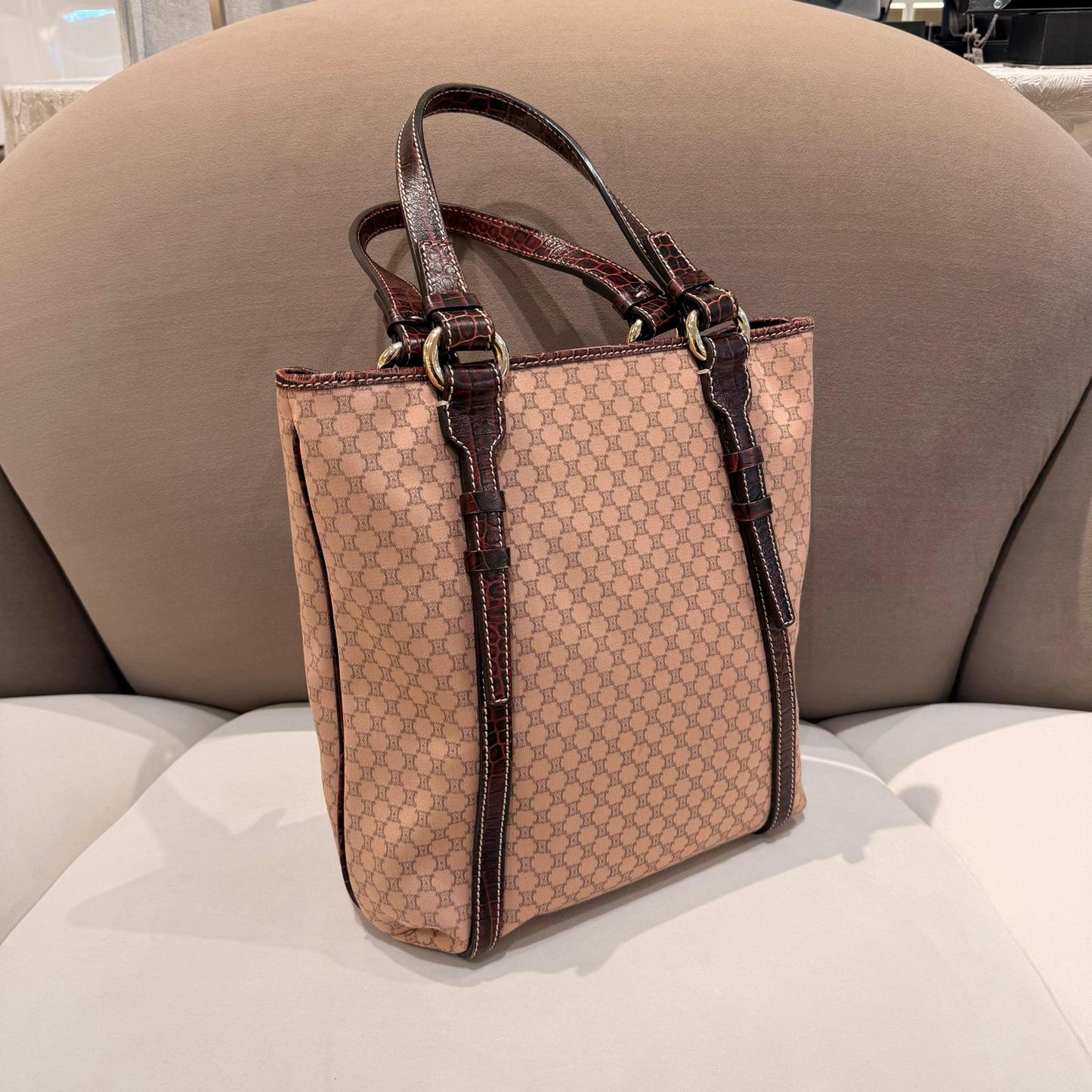 CELINE vintage dusty pink monogram tote bag with croc-embossed leather trim, three-quarter view