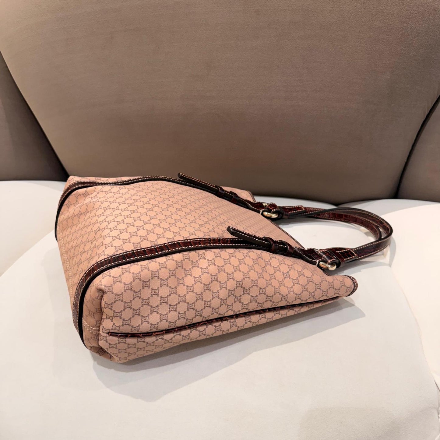 CELINE vintage dusty pink monogram tote bag laid flat from opposite side